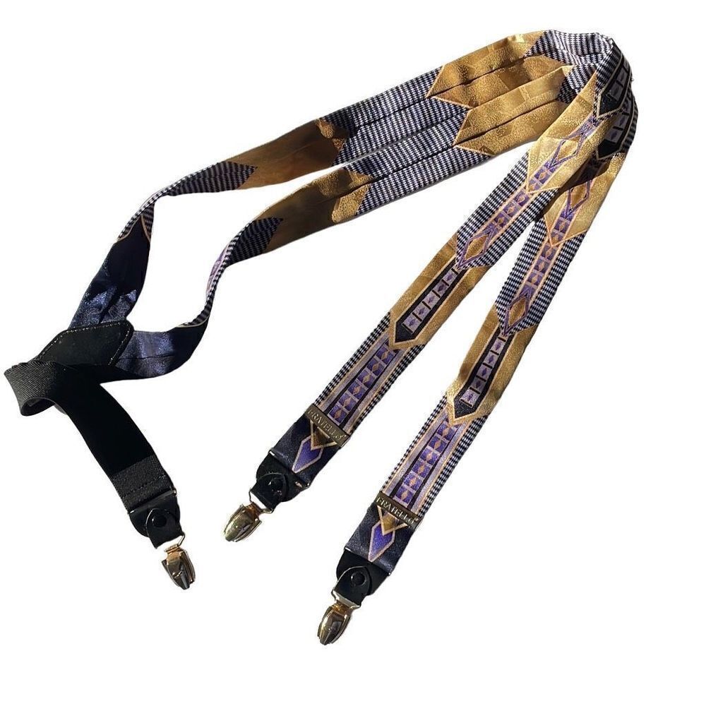 Fratello purple and gold silky fabric print Y style suspenders